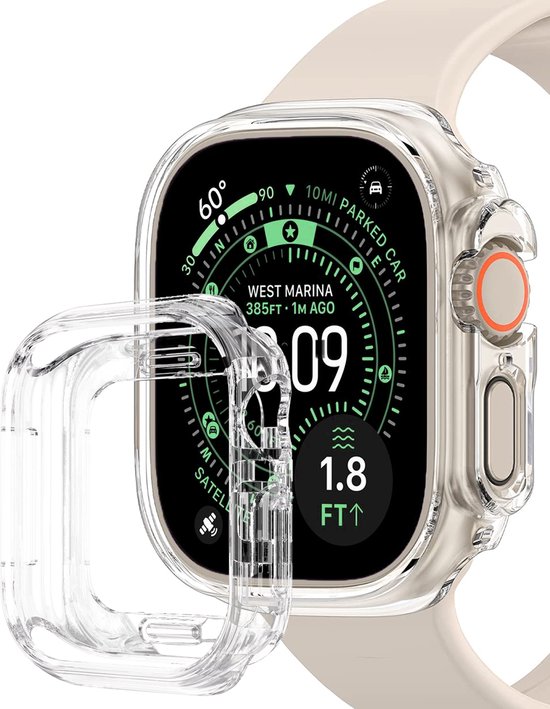 Transparante beschermhoes voor de Apple Watch Ultra 3, los van het horloge getoond naast het scherm.