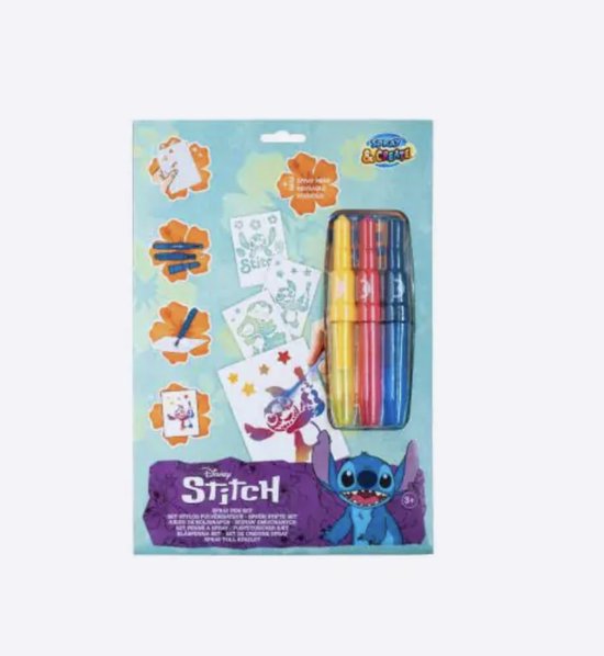 Foto: Stitch spray penset met enveloppen sprayen met inkt vanaf 4 jaar 3 pennen stitch disney herbruikbare pennen jong en oud knutselen spelen creatief duurzaam hoge kwaliteit tekenen en kleuren