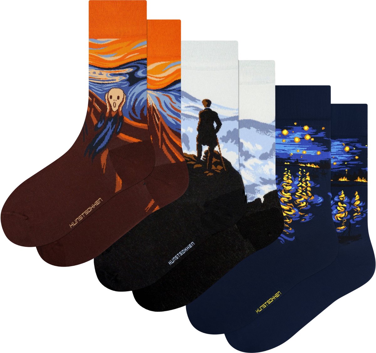 Kunst sokken - Signature Selection 3-pack: Munch, van Gogh, Friedrich - Sokken Heren 41 46 - Biologisch Katoenen Sokken - funny socks happy - Vrolijke Sokken - Grappige Sokken - Sokken Cadeau