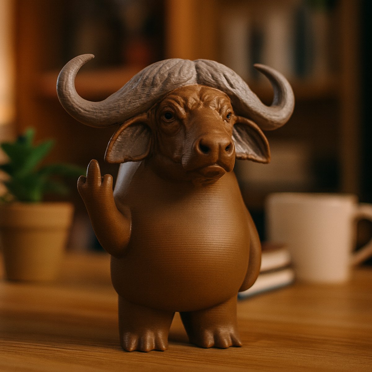 AnimalsAttitude – Grote Buffel Figurine met Middelvinger – 3D-geprint PLA Beeldje – Humorous Home Accessory