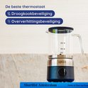 Glazen melkopschuimer met RVS en zwarte basis. Tekst "De beste thermostaat", "Droogkookbeveiliging" en "Oververhittingbeveiliging".