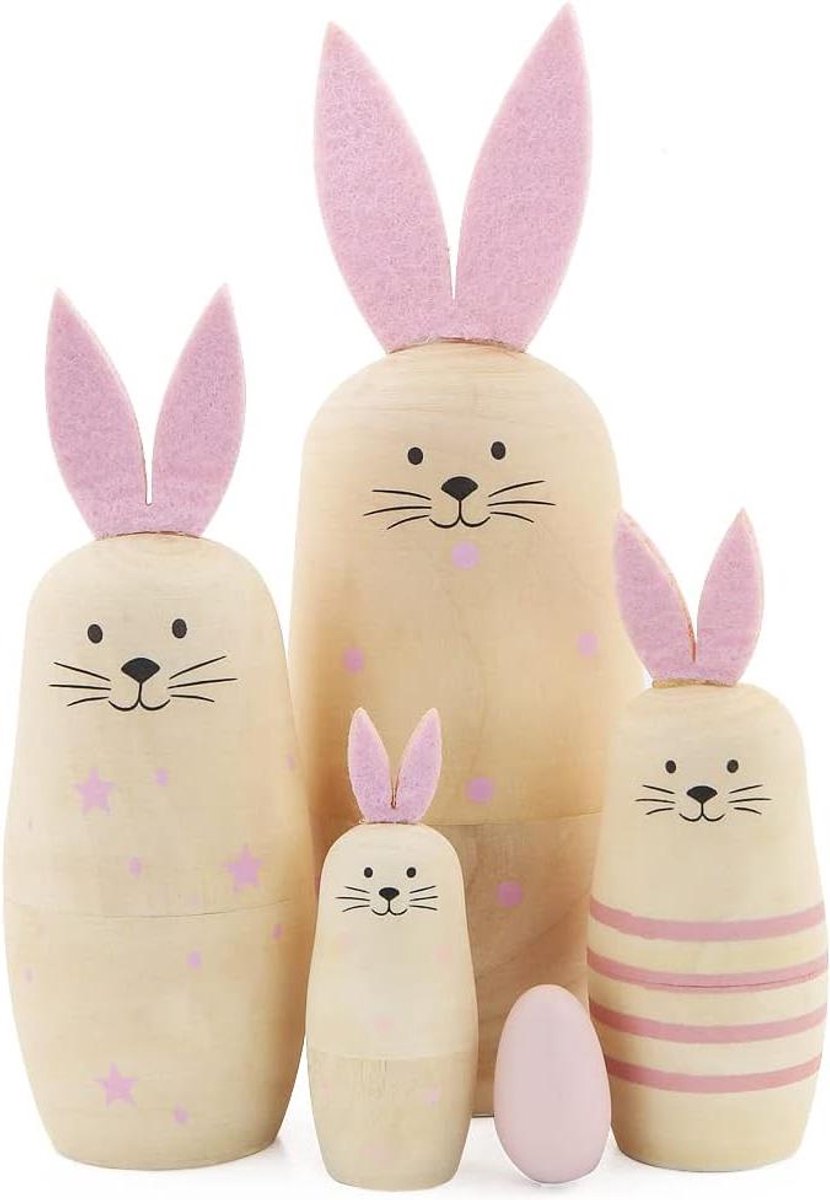 Set van 5 handgemaakte konijnenhouten poppen met roze oren - schattige woondecoratie | verjaardag, Kerst, Pasen - voor kinderen - nestpop - geschenkIdeetjes