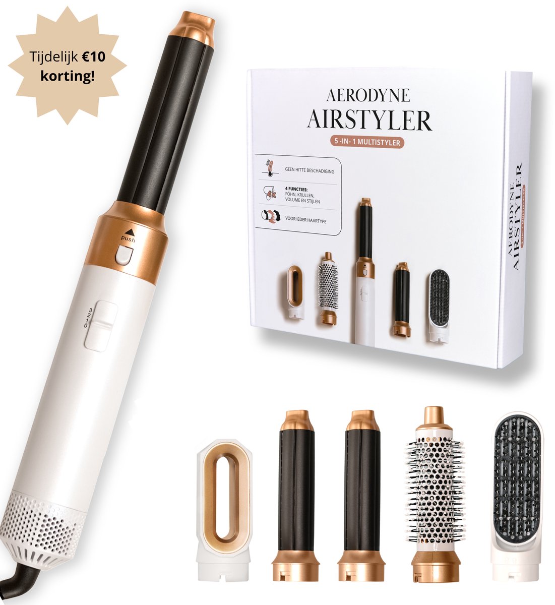 AERODYNE® Airstyler V4 - Föhnborstel - Multistyler - Krultang 5 in 1 - Hairwrap - Krulborstel - Hittebestendige Handschoen - Wit/Roségoud