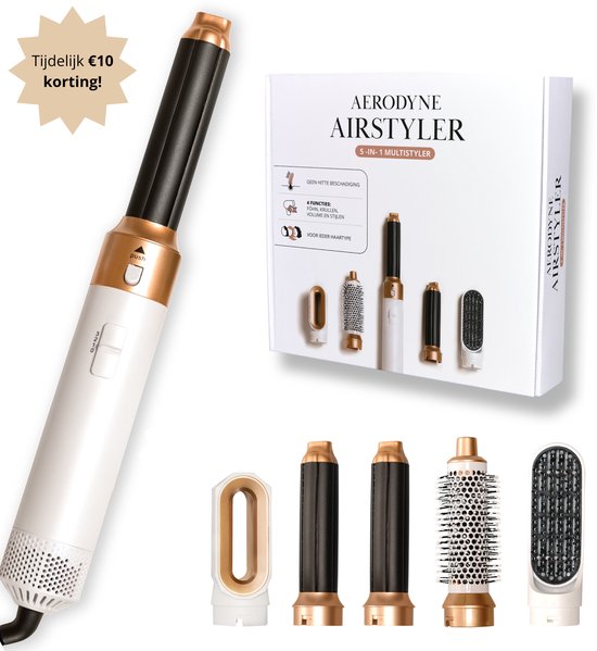 Aerodyne® Airstyler - Fohnborstel - Multistyler - Airwrap - Krultang 5 in 1 - Hairwrap - Krulborstel - Hittebestendige Handschoen - Luxe Cadeau Set - 4x Haarclips - Wit/Roségoud
