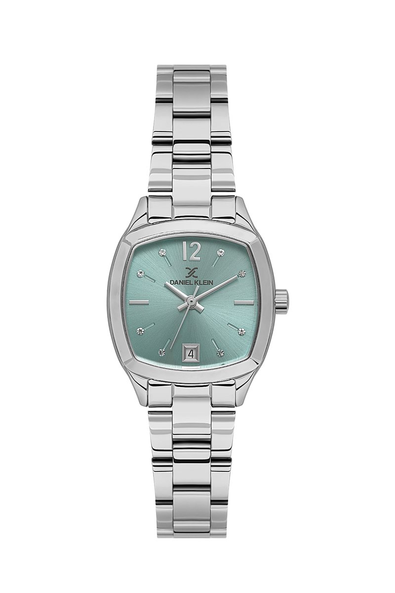 Daniel Klein DK.1.13912-2 - Horloge - Polshorloge - Analoog - Dames - Vrouwen- Vierkant - Stalen band - Metaal - Datumaanduiding - Strepen - Cijfers -Bolletjes - Zilverkleurig - Briljant - Licht turkoois - Wit - Zwart