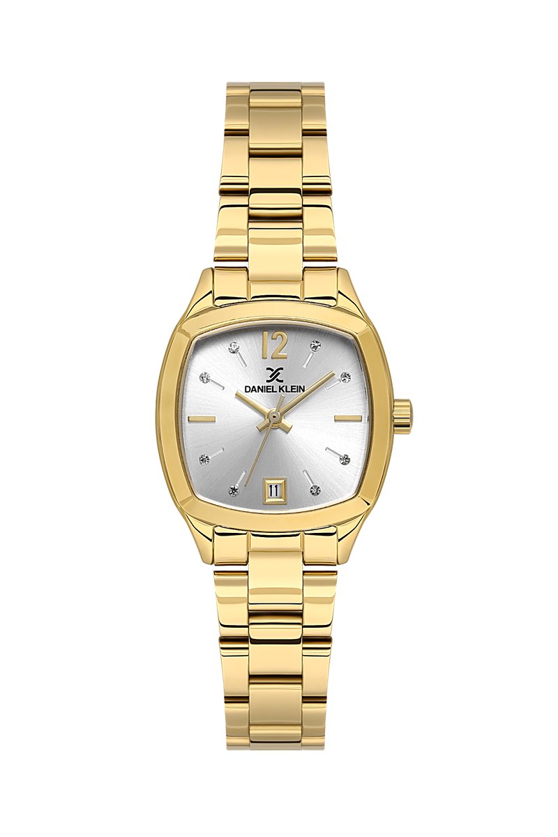 Daniel Klein DK.1.13912-4 - Horloge - Polshorloge - Analoog - Dames - Vrouwen- Vierkant - Stalen band - Metaal - Datumaanduiding - Strepen - Cijfers -Bolletjes - Goudkleurig - Briljant - Wit - Zwart