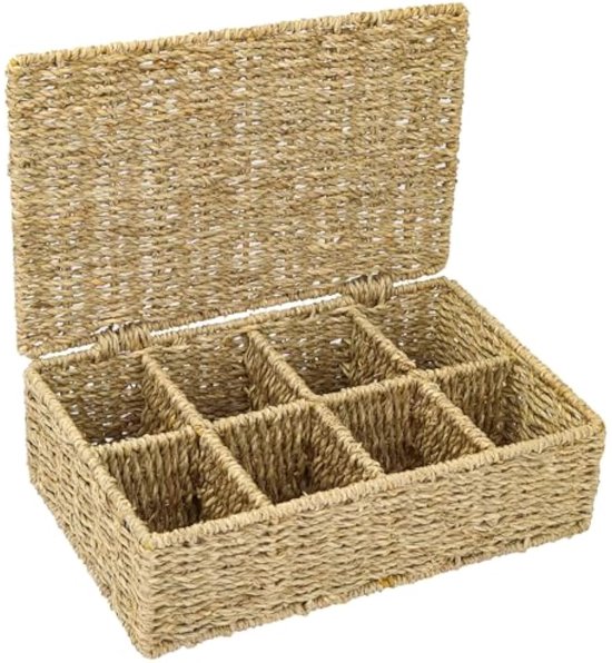 Van Henry Theedoos, houten theekist met 9 vakken en zichtvenster - Opbergdoos voor theezakjes, wit - 21,5 x 21,5 x 8,5 cm