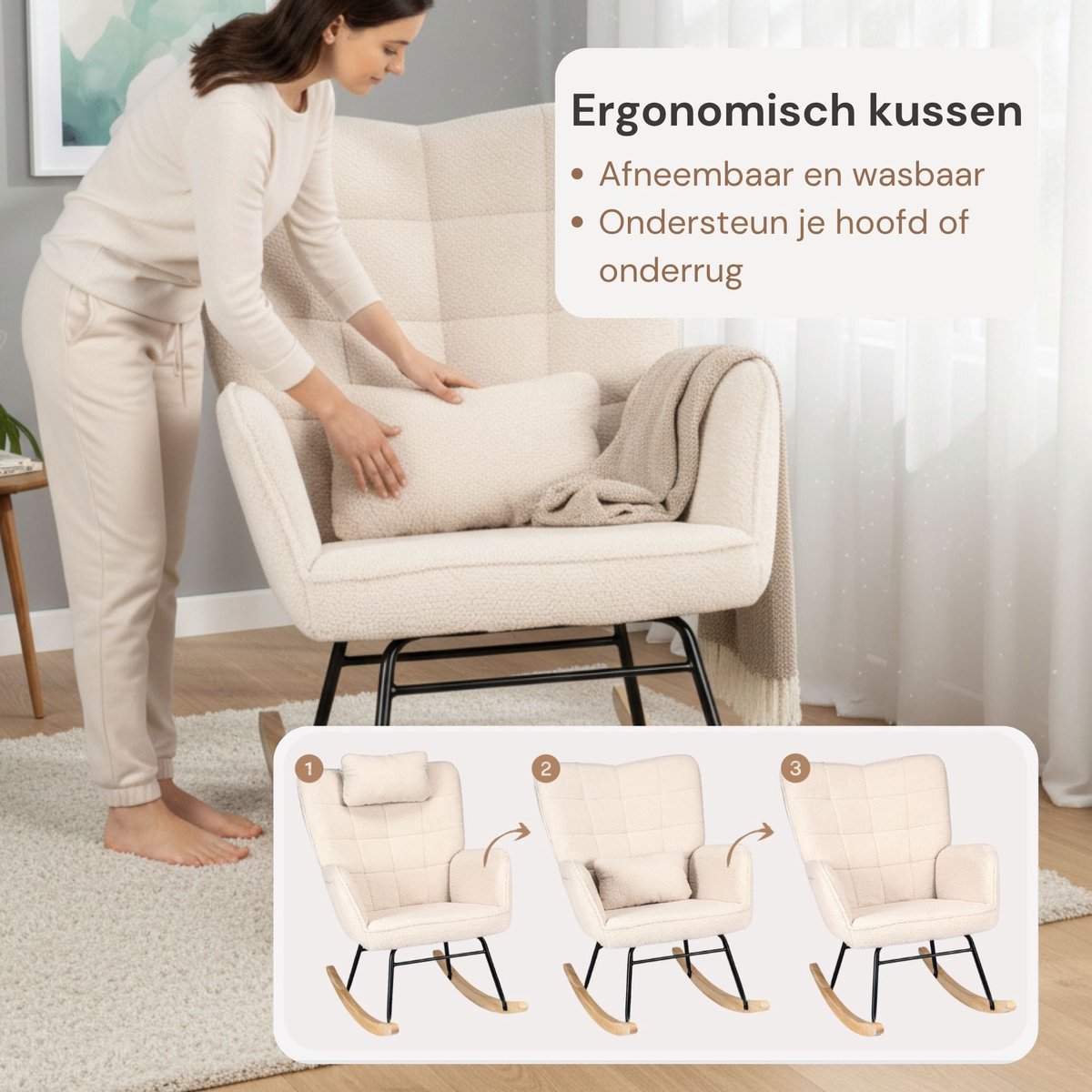 Zenzee Schommelstoel - Schommelstoelen babykamer - Met kussen - Relaxstoel - Fauteuil - Voedingsstoel - Roomwit - Beige — afbeelding 4