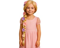 Joya Kids® Prinsessen Pruik Blond met lange Vlecht | Pruik Prinses Kinderen Lang Blond Haar met Vlecht en bloemen | Meisjes verkleedpruik Prinses