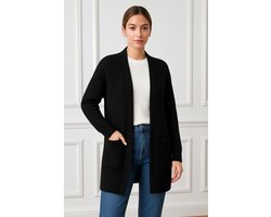 ASTRADAVI Dames Mode - Mooi ribgebreid vest met 2 zakken - One Size - Zwart