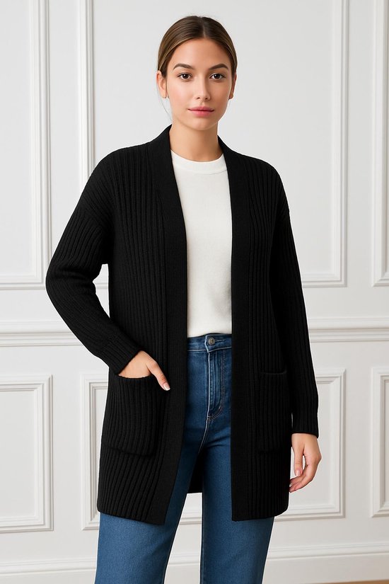ASTRADAVI Dames Mode - Mooi ribgebreid vest met 2 zakken - One Size - Zwart