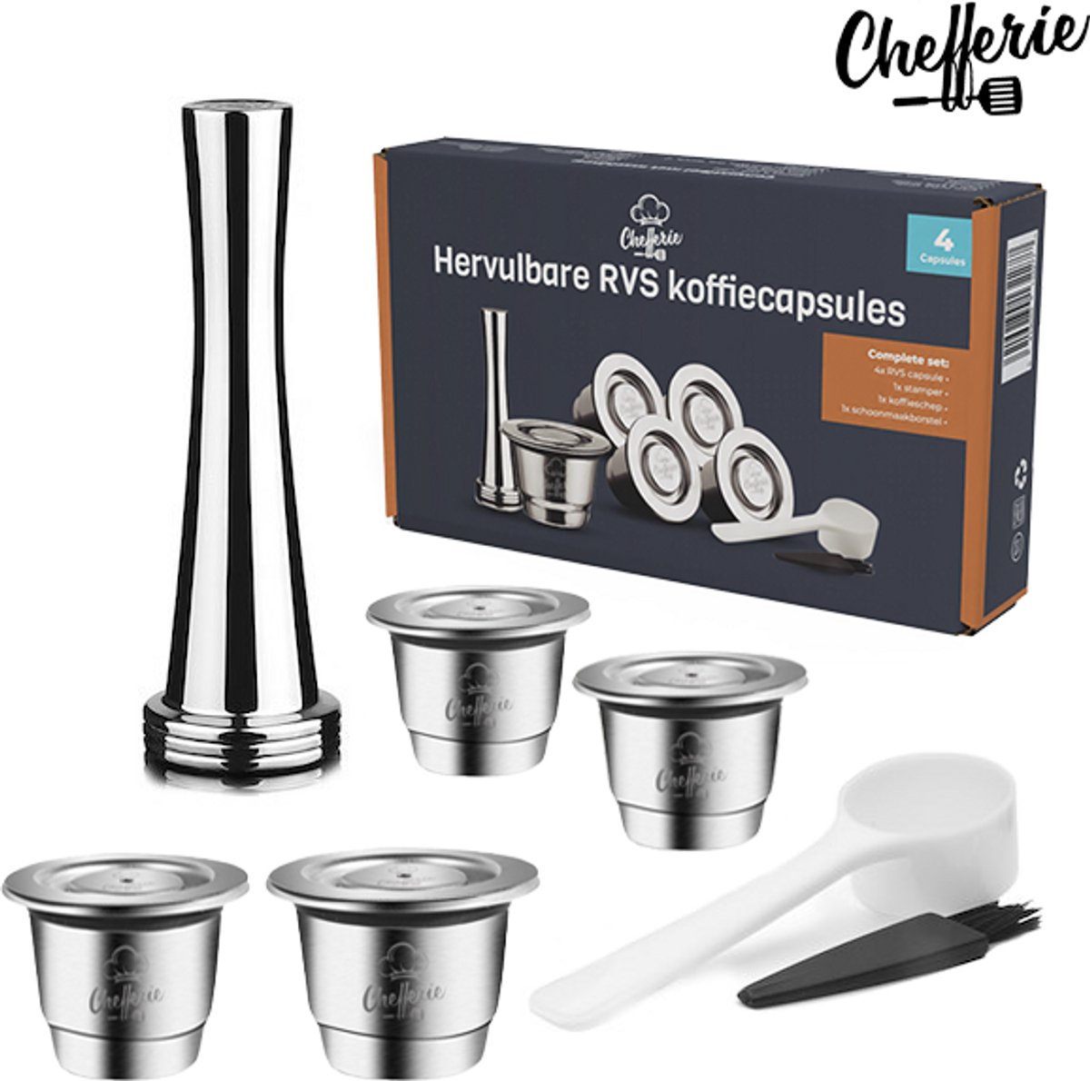 Chefferie Nespresso cups - Herbruikbare koffiecups - Hervulbare capsules - RVS - 4 capsules