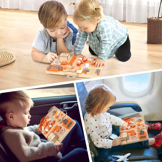 Ophy Montessori speelgoed - Busy Board vanaf 1 jaar, houten speelgoed met 9 schakelaars, 16 ledlampen, motoriekspeelgoed, activiteitenbord, educatief speelgoed, reisspelletjes, speelgoed voor baby's