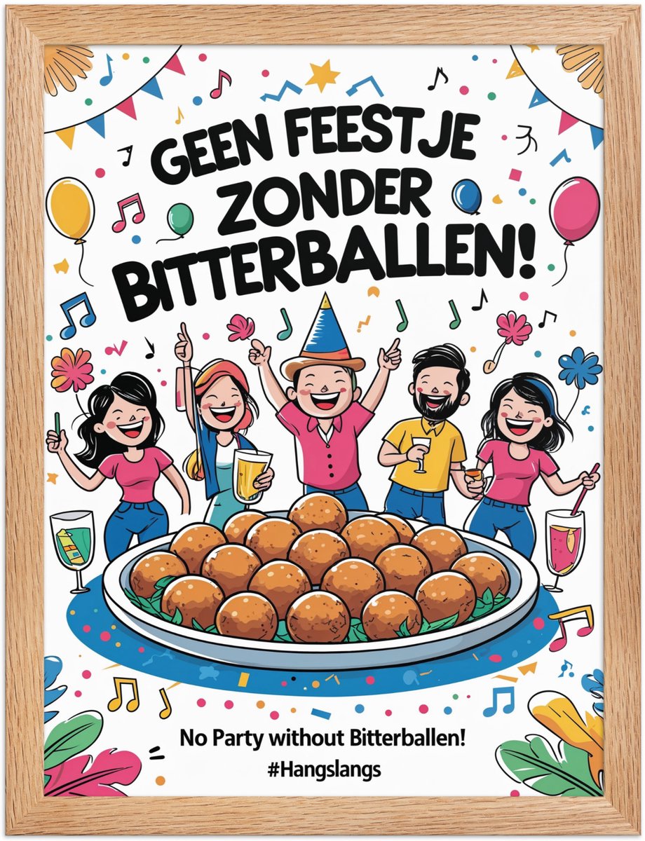 Funny Dutch Slang Poster Geen feestje zonder bitterballen! – Humoristische Wanddecoratie – 30×40 cm – Cadeau & Home Decor