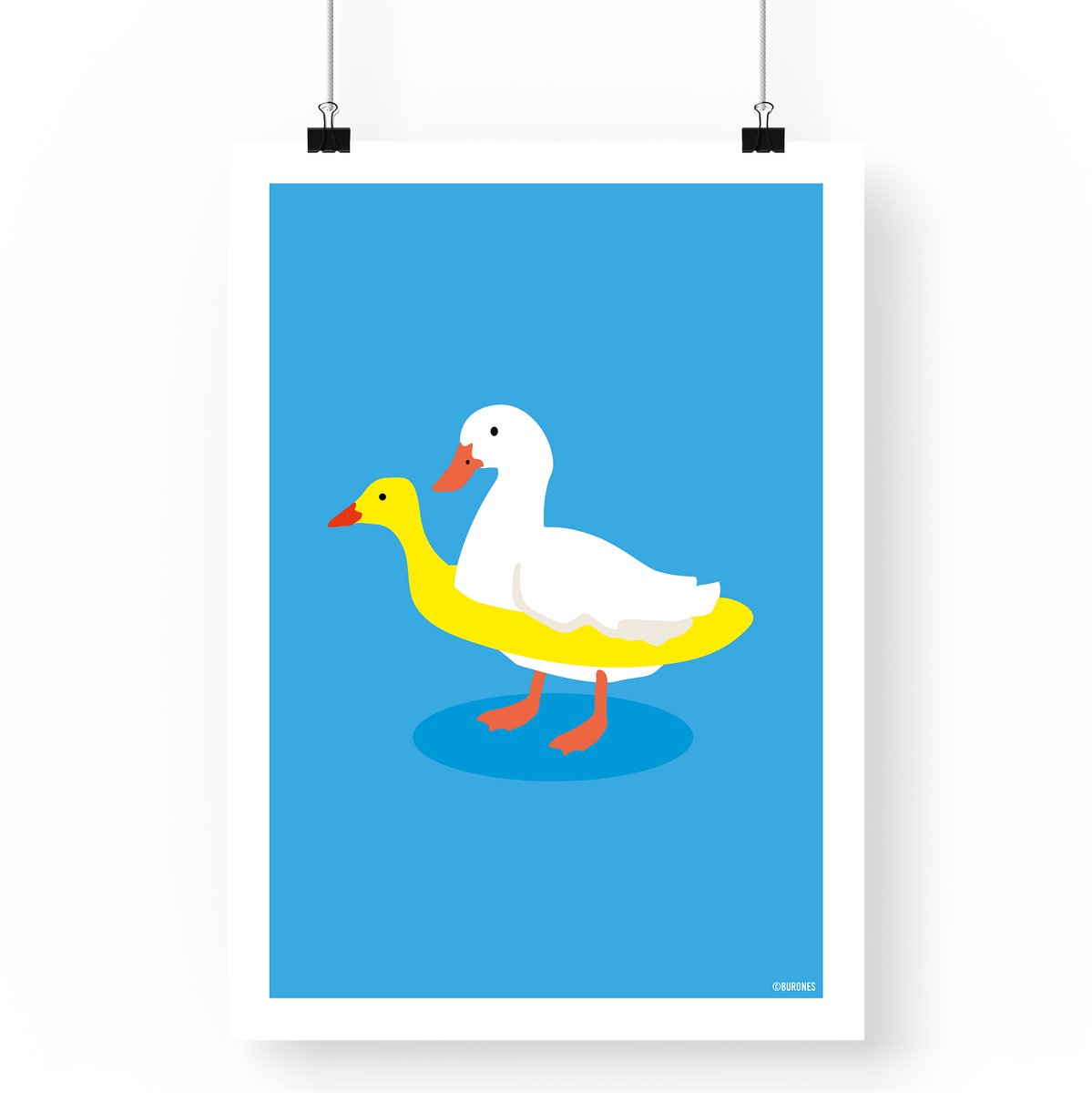 Artprint Eendje met Zwemband - A3 formaat - Speelse Dierenposter - Witte Eend Illustratie