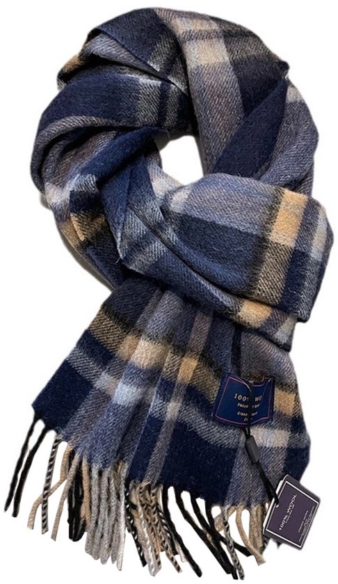 Écharpe en laine Homme - Écharpe Homme - Écharpe à carreaux - Blauw/ Beige