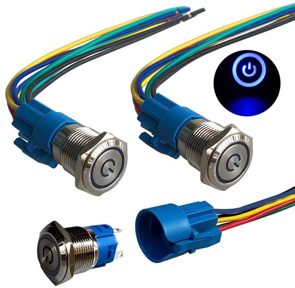 JHubers Goods - Vergrendelbare Drukknopschakelaar voor Auto, 19mm, Blauw LED, Waterdicht IP67 - Set van 3 Stuks