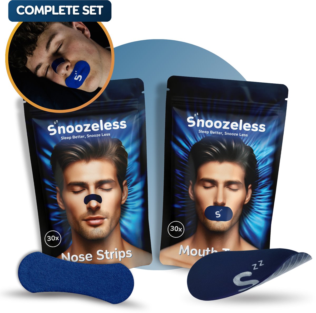 Snoozeless Mondtape & Neusstrips Set – Anti-Snurk Bundel voor Betere Ademhaling & Nachtrust – Hypoallergeen & Huidvriendelijk – Mond Tape & Neuspleisters voor Slaap & Sport – 30x Mondtape + 30x Neusstrips