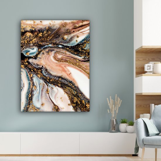 Tableau Toile Aspect Marbre - Goud - Zwart - Glitter - Chic - 90x120 cm - Décoration murale
