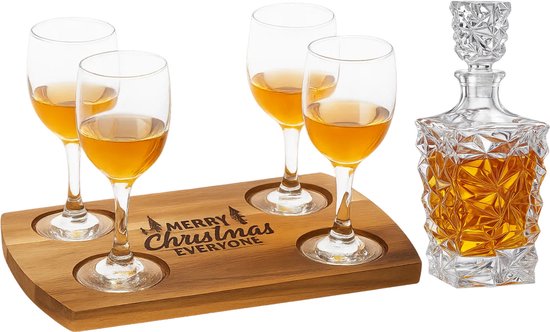 Lomera Whiskey Serveerset - Kerst Cadeau - Acacia Dienblad - Whiskey Glazen - 200Ml Glazen - 5-Delig Set - Cadeau Voor Mannen - Whisky Cadeau - Cadeau Voor Vader