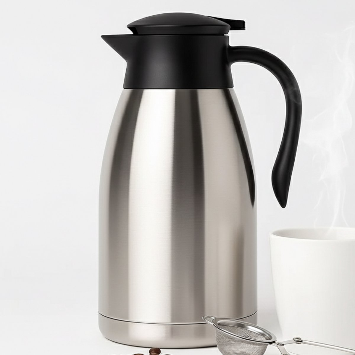 Lomera Thermoskan 2 Liter - Rvs Isoleerkan - Dubbelwandig Lekvrij - Warme en Koude Dranken - 1 Hand Bediening - Koffie en Thee - Thermoskan met Handgreep - Koffiekan - Theekan - Isoleerkan - Koffie Kan - Thermos Kan