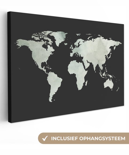 Peintures Toile Wereldkaart - Grijs - Zwart - 150x100 cm - Décoration murale