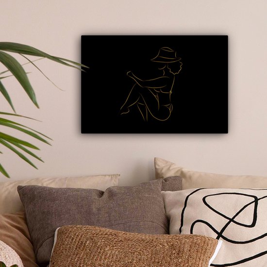 Toile Peinture Femme - Chapeau - Or - Dessin au Line - 30x20 cm - Décoration murale