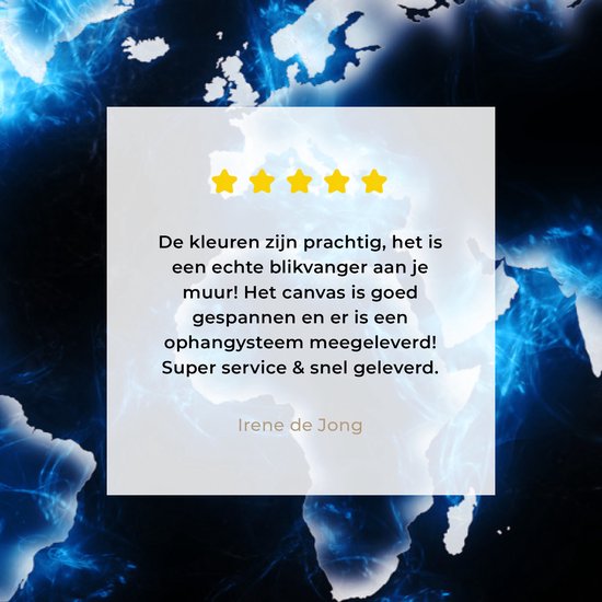 Wereldkaart en bleu électrique sur fond noir 60x40 cm