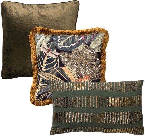 Ensemble de 3 coussins décoratifs Botanic Green - Vert olive militaire | Hoii