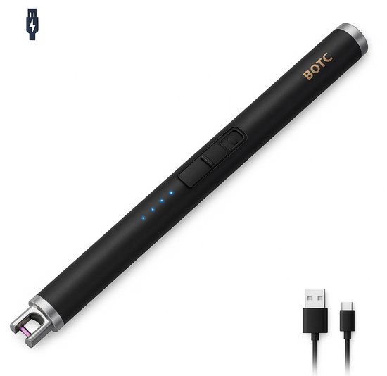 BOTC Briquet électrique - Rechargeable par USB - Rechargeable avec câble USB - Coupe-vent - BBQ - Bougies - Zwart