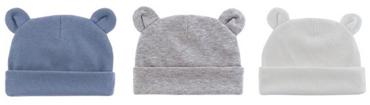 3 pack Babymutsjes newborn BEERVORM navy wit grijs - beren oortjes