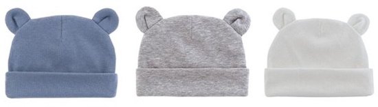 3 pack Babymutsjes newborn BEERVORM navy wit grijs - beren oortjes