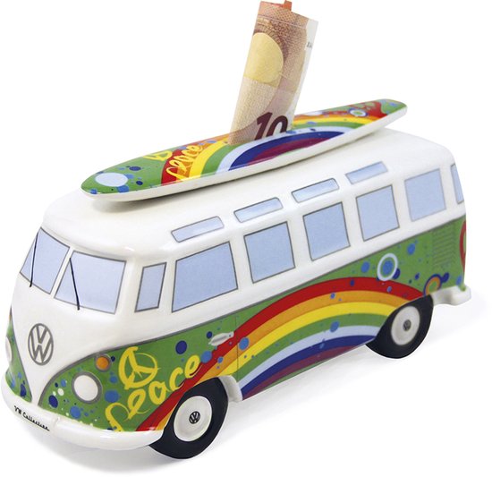 Gedetailleerde VW T1 Bus spaarpot met vredesteken, regenboog, hart en surfplank.