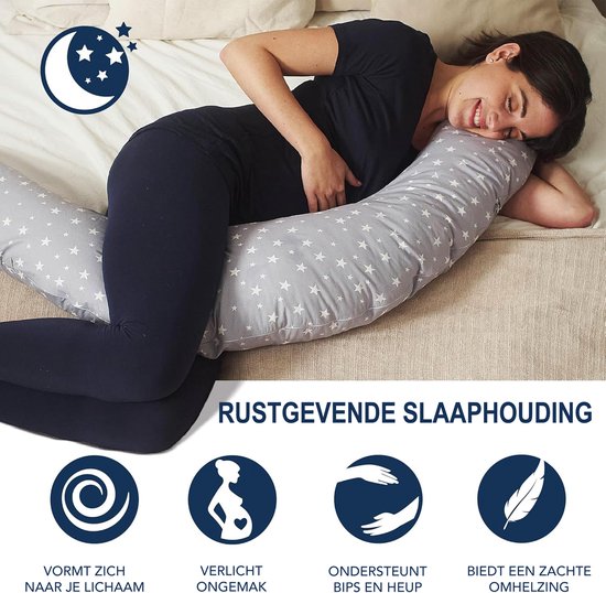 Zwangerschapskussen om te slapen - Zijslaapkussen - Voedingskussen - Om op de zij te slapen - 100% Katoenen afneembare Hoes - Borstvoedingskussen - Positioneringskussen - Babykussen - Lichaamskussen - Body pillow - Grijs met Witte Sterren - Dormivo van Merkloos — afbeelding 4