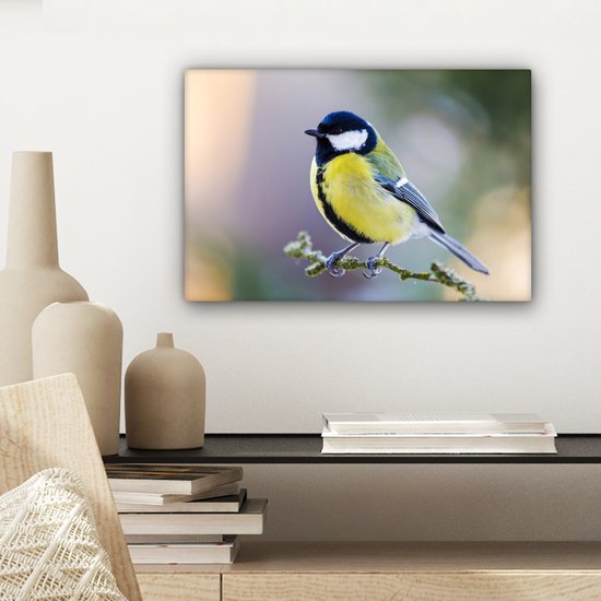 Toile - Peinture - Mésange charbonnière - Vogel - Branche - Mousse - Impression sur toile - Chambre à coucher - 30x20 cm - Intérieur - Décoration murale