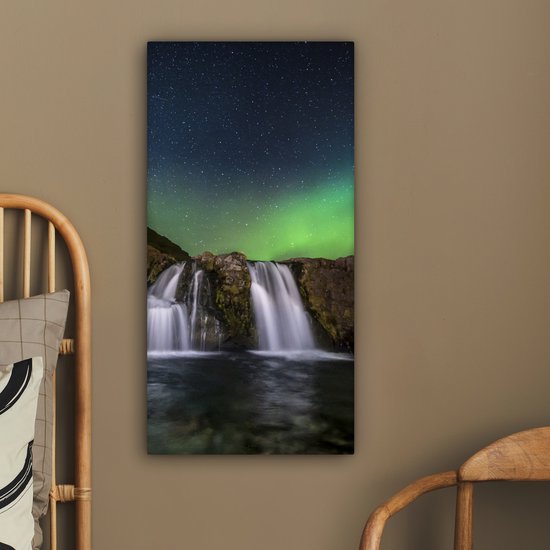 Tableau sur Toile Aurores Boréales - Cascade - Islande - 40x80 cm - Décoration murale