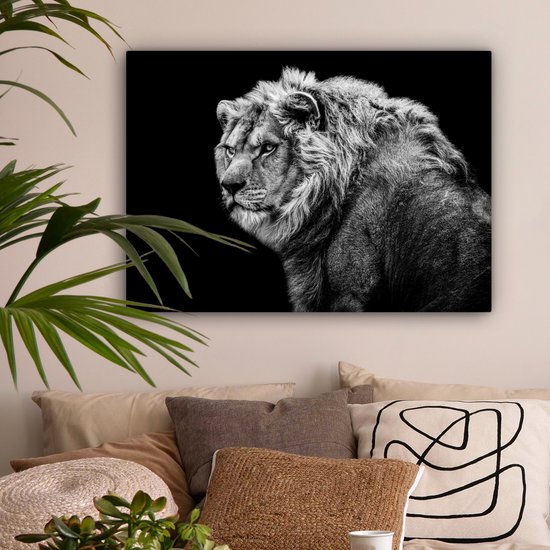 Tableau sur toile - Animaux sauvages - Lion - Zwart - Wit - Décoration murale - Toile - 80x60 cm - Toile canvas - Salon