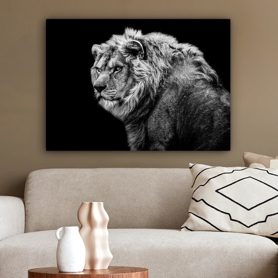 Tableau sur toile - Animaux sauvages - Lion - Zwart - Wit - Décoration murale - Toile - 80x60 cm - Toile canvas - Salon
