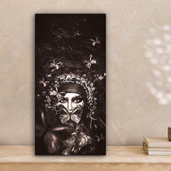 Toile Peinture Femme - Papillon - Zwart - Wit - 20x40 cm - Décoration murale