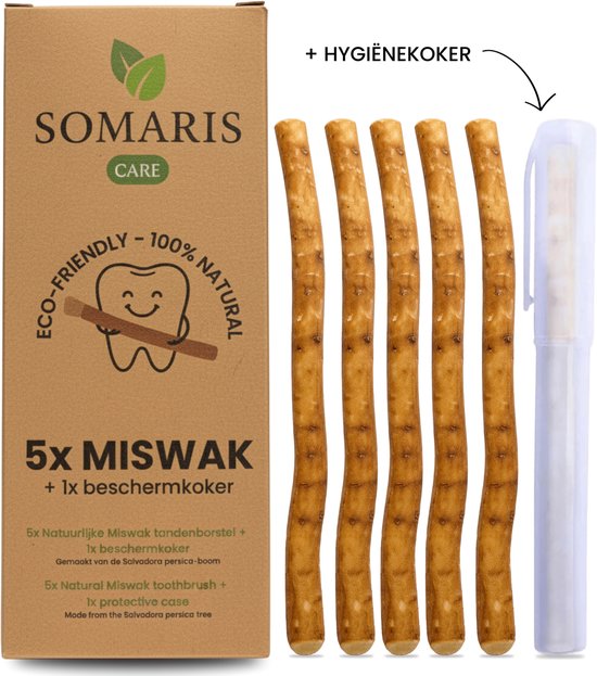 Doos met 5 Miswak takjes van Salvador persica boom en 1 beschermkoker.