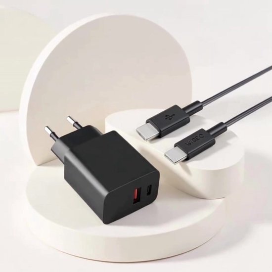WiseQ 33W Ultra-Snellader - Dubbele snellader USB A & USB C Poorten - Snellader geschikt voor Samsung, iPhone en Macbook Inclusief 2m USB-C - USB C Kabel - Premium Zwart