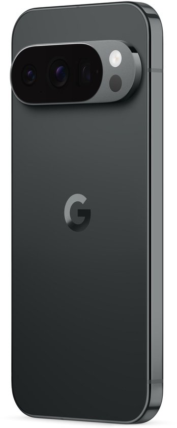 Achterkant van zwarte Google Pixel 10 Pro XL met camera-eiland en Google logo.