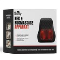 Verpakking van een zwart nek- en rugmassageapparaat met ruitpatroon en rode massagebollen.