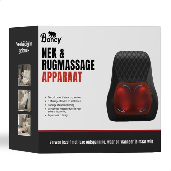 Verpakking van een zwart nek- en rugmassageapparaat met ruitpatroon en rode massagebollen.