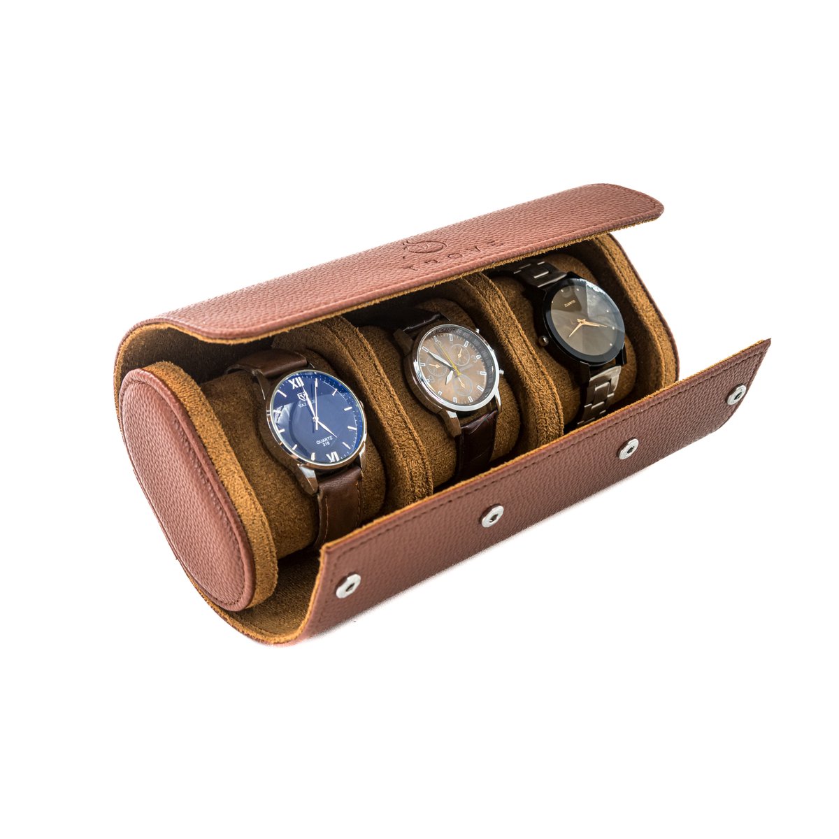 Bruine Lederen Horlogekoker - Handgemaakt Horloge Etui - Watch Roll voor 3 Horloges - Horlogeopslag met Kliksluiting - Luxe - Trove