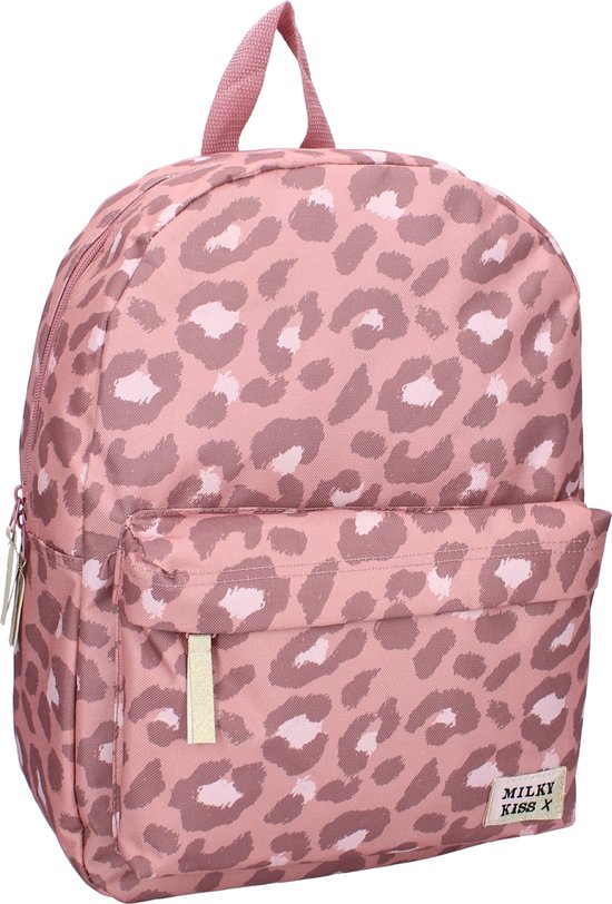 Roze rugzak met roze luipaardprint en een voorvak. Het label "MILKY KISS X" is zichtbaar.