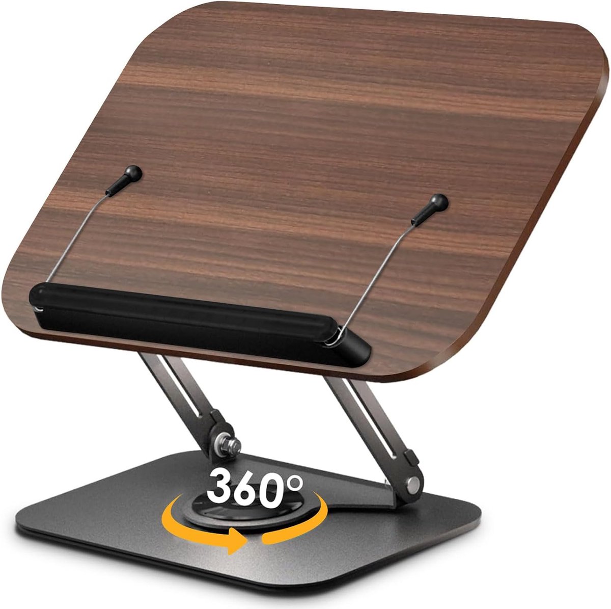 Verstelbare houten boekstandaard – 360° draaibaar & inklapbaar kookboekhouder met pagina-clip, retro leesstandaard voor boeken, tijdschriften, tablet & laptop