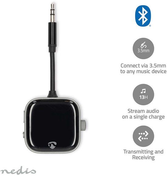 Zwarte Nedis Bluetooth audio adapter met 3.5mm kabel en infographic over connectiviteit.