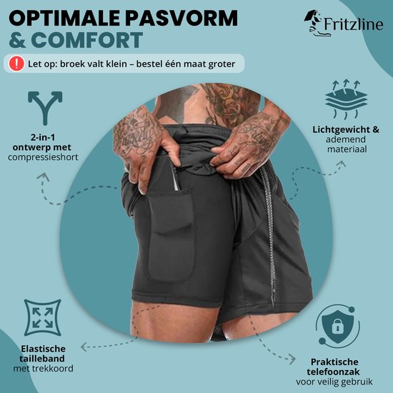 Fritzline® Pantalon de sport 2 en 1 noir taille XL avec poche téléphone - Short de sport confortable - Pantalon de sport homme - Pantalon fitness - Short - Vêtements de sport - Shorts 2 en 1 - Poches téléphone