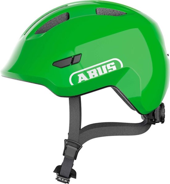 Zijaanzicht van felgroene fietshelm met ABUS logo en grijze banden.
